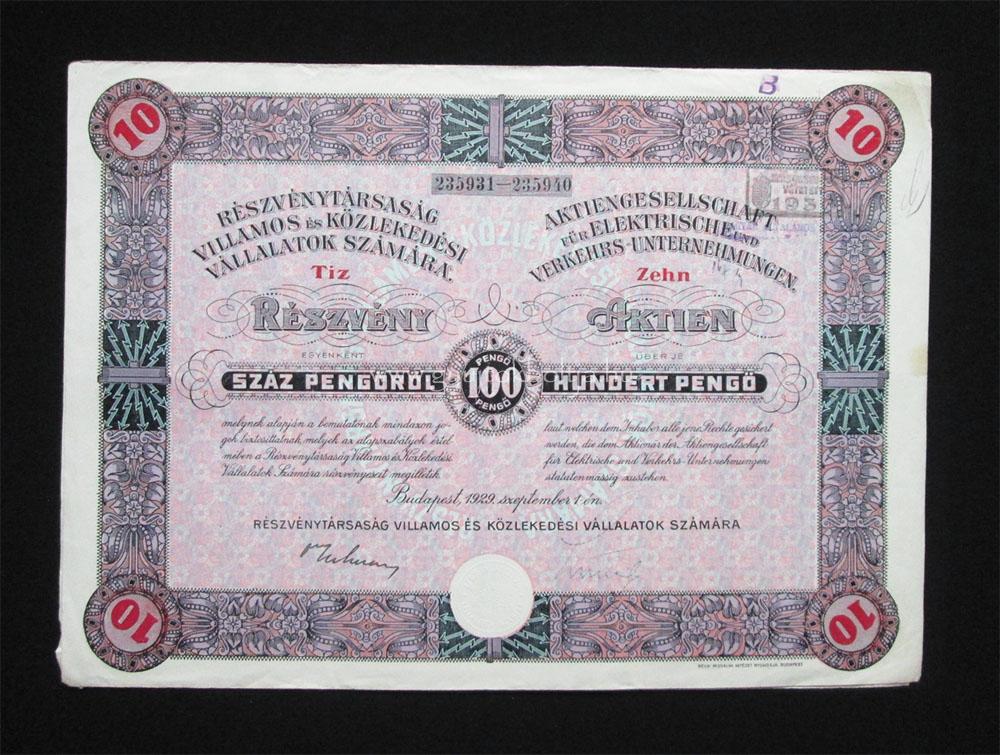 Rt. Villamos és Közlekedési Vállalatok Számára 1000 pengő 1929